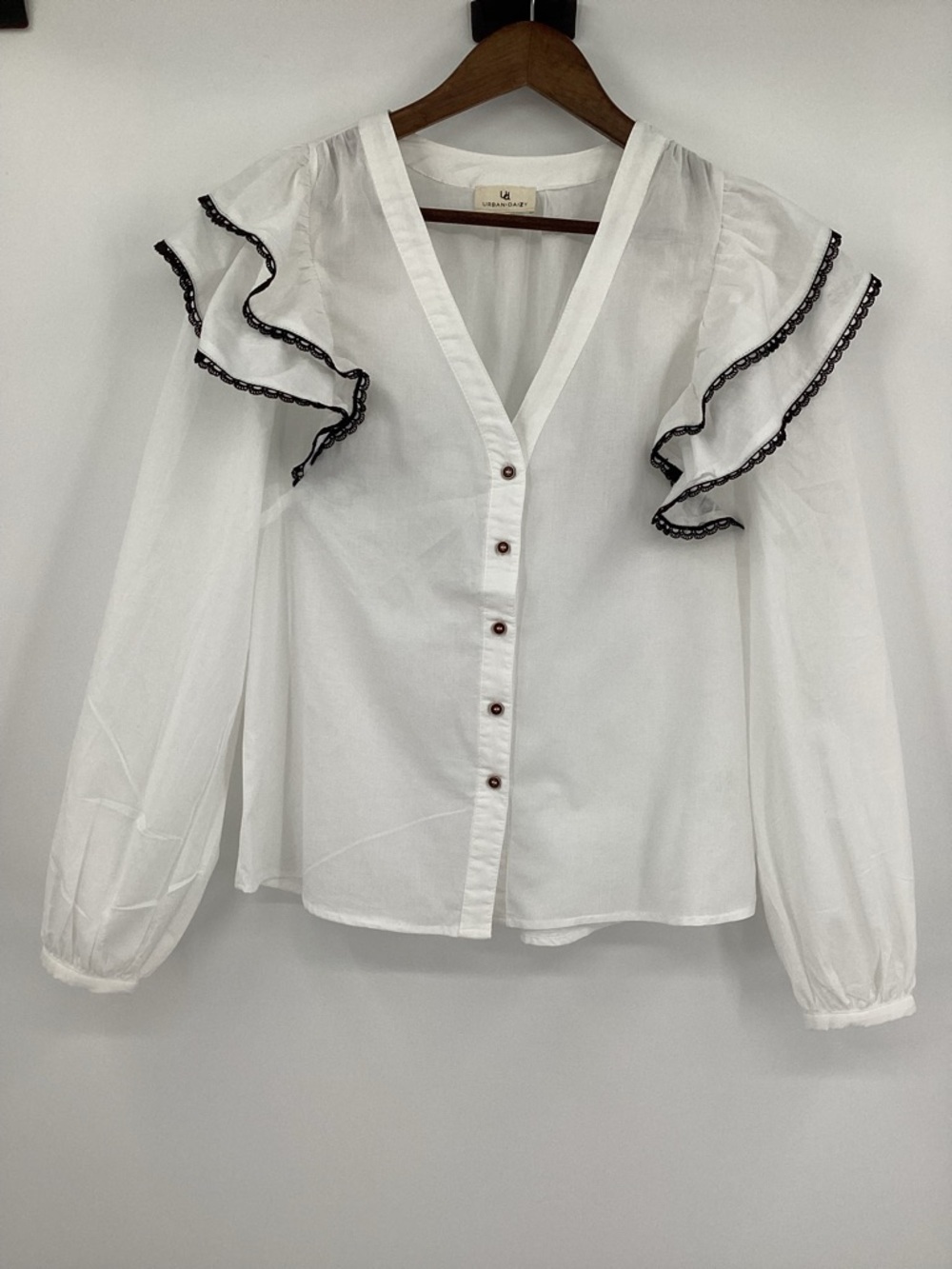 Women’s White Ruffle-Trim Button Front Blouse - Picture 2 of 11